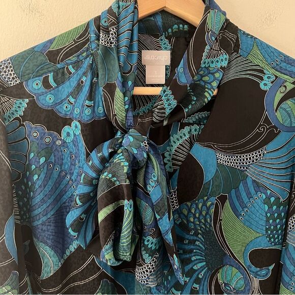 Chicos Peacock Blouse Tie Neck Balloon Statement Sleeve Silky Satin Size 3 16/18 - Picture 3 of 10